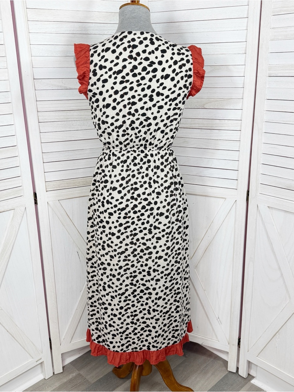 THML Animal Print Ruffle Trim Midi Dress Sundress Ivory Black XS Leopard Cottage - Picture 4 of 12